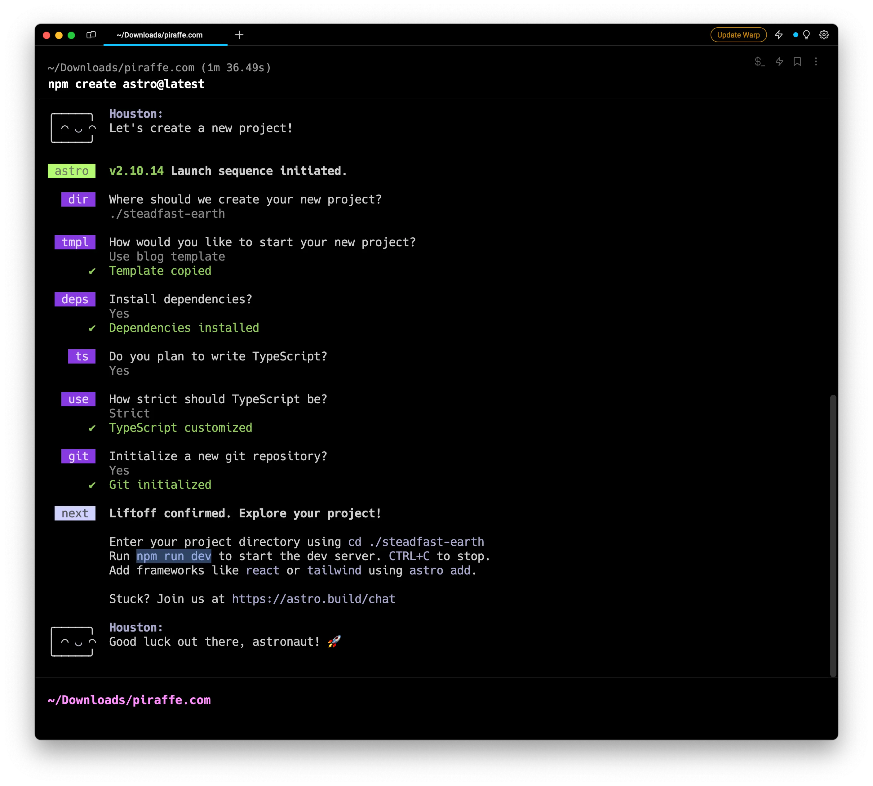 Screenshot of npm create astro installation guide of Astro build